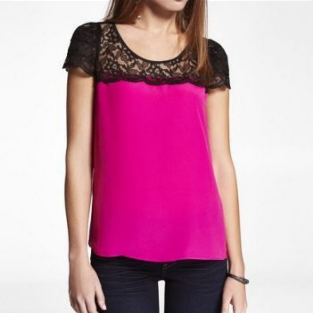 EXPRESS lace yoke cap sleeve pink sateen top